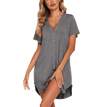 Ekouaer Women V Neck Button Down Nightgown