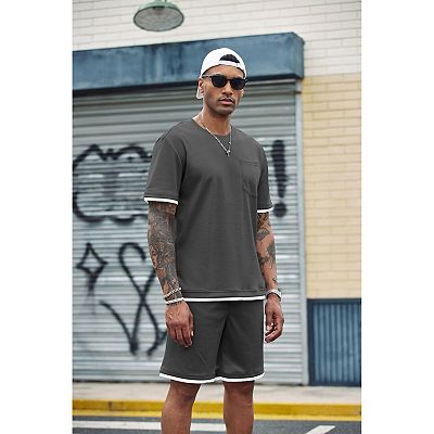 COOFANDY Men' Waffle Shirt and Shorts Set 2 Piece Outfits Casual