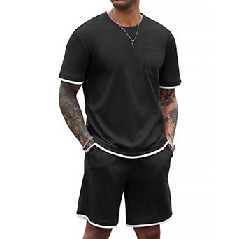 COOFANDY Men' Waffle Shirt and Shorts Set 2 pc Outfits Casual Summer Tracksuits Set with Pockets