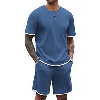 COOFANDY Men' Waffle Shirt and Shorts Set 2 pc Outfits Casual Summer Tracksuits Set with Pockets