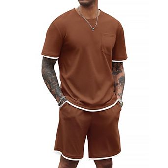 COOFANDY Men' Waffle Shirt and Shorts Set 2 pc Outfits Casual Summer Tracksuits Set with Pockets