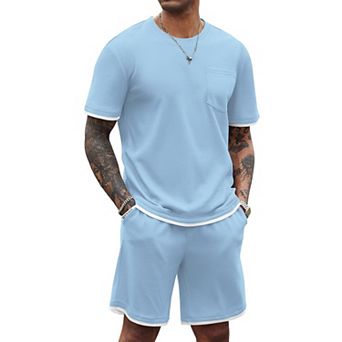 COOFANDY Men' Waffle Shirt and Shorts Set 2 pc Outfits Casual Summer Tracksuits Set with Pockets