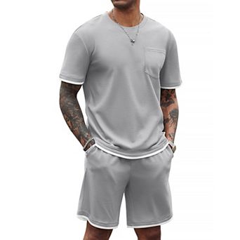 COOFANDY Men' Waffle Shirt and Shorts Set 2 pc Outfits Casual Summer Tracksuits Set with Pockets