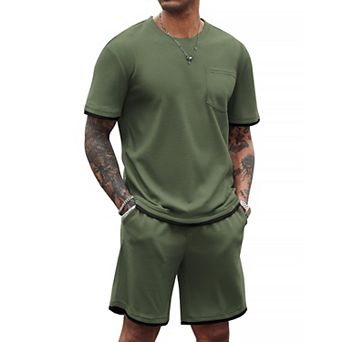 COOFANDY Men' Waffle Shirt and Shorts Set 2 pc Outfits Casual Summer Tracksuits Set with Pockets