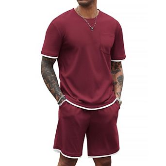 COOFANDY Men' Waffle Shirt and Shorts Set 2 pc Outfits Casual Summer Tracksuits Set with Pockets