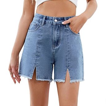 Women's A Line High Waist Raw Hem Denim Shorts with Slit Distressed Casual Shorts