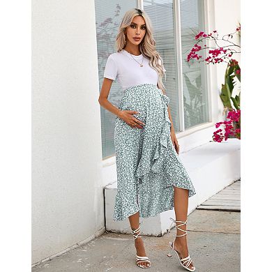 Women's Maternity Flowy Ruffle Hem Elastic Waist Midi Skirt