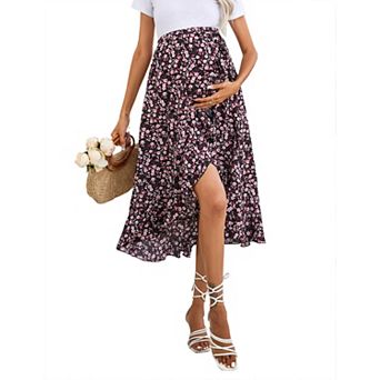 Women's Maternity Flowy Ruffle Hem Elastic Waist Midi Skirt