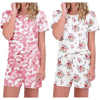 Ekouaer 2 Pack Pajamas Short Sleeve Top with Shorts Sets Comfy Pjs Lounge Sets Sleepwear for Women