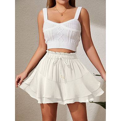 Women's Double Layer Ruffle Skirt Shorts with Elastic Waist and Adjustable Drawstring