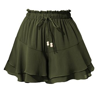 Women's Double Layer Ruffle Skirt Shorts with Elastic Waist and Adjustable Drawstring