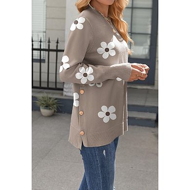 Zeagoo Womens Sweaters Crewneck Loose Side Button Slit Long Sleeve Tunic Knit Pullover Tops