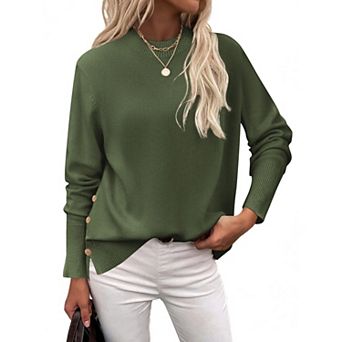 Zeagoo Womens Sweaters Crewneck Loose Side Button Slit Long Sleeve Tunic Knit Pullover Tops