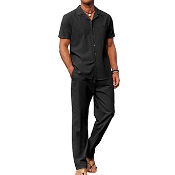 COOFANDY Men' Linen Sets Summer Beach 2 pc Outfits Button Down Shirts and Pants Vacation Outfits