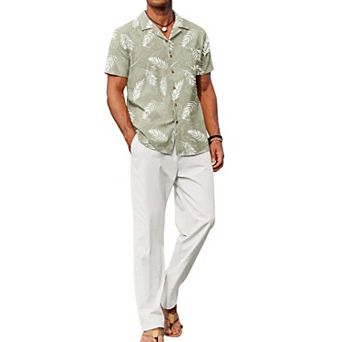 COOFANDY Men' Linen Sets Summer Beach 2 pc Outfits Button Down Shirts and Pants Vacation Outfits