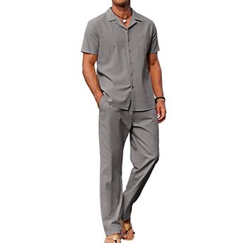COOFANDY Men' Linen Sets Summer Beach 2 pc Outfits Button Down Shirts and Pants Vacation Outfits