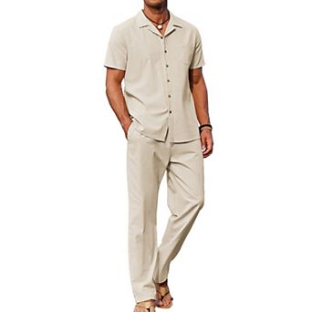 COOFANDY Men' Linen Sets Summer Beach 2 pc Outfits Button Down Shirts and Pants Vacation Outfits