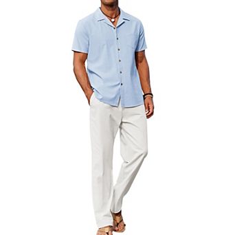 COOFANDY Men' Linen Sets Summer Beach 2 pc Outfits Button Down Shirts and Pants Vacation Outfits