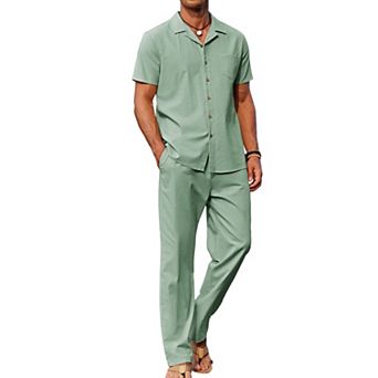 COOFANDY Men' Linen Sets Summer Beach 2 pc Outfits Button Down Shirts and Pants Vacation Outfits