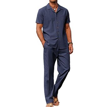 COOFANDY Men' Linen Sets Summer Beach 2 pc Outfits Button Down Shirts and Pants Vacation Outfits