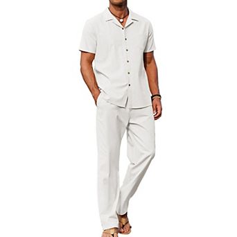 COOFANDY Men' Linen Sets Summer Beach 2 pc Outfits Button Down Shirts and Pants Vacation Outfits
