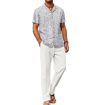 COOFANDY Men' Linen Sets Summer Beach 2 pc Outfits Button Down Shirts and Pants Vacation Outfits