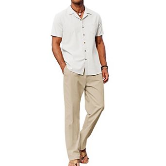 COOFANDY Men' Linen Sets Summer Beach 2 pc Outfits Button Down Shirts and Pants Vacation Outfits