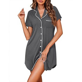 Ekouaer Women's Soft Cotton Button-Down Nightgown with Pockets