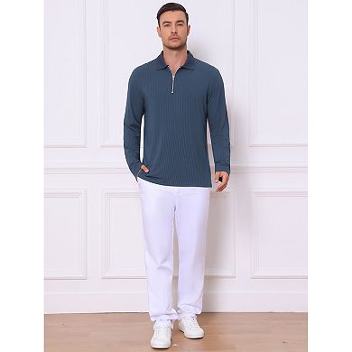 Men's Textured Polo Shirt Long Sleeve Quarter Zip Striped Polo Shirts