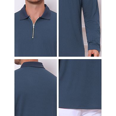 Men's Textured Polo Shirt Long Sleeve Quarter Zip Striped Polo Shirts