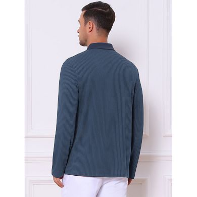 Men's Textured Polo Shirt Long Sleeve Quarter Zip Striped Polo Shirts