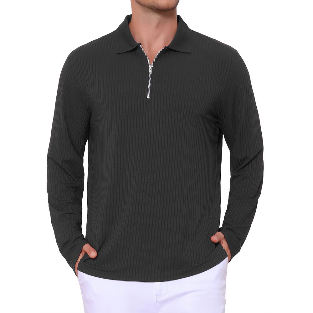 Men's Textured Polo Shirt Long Sleeve Quarter Zip Striped Polo Shirts
