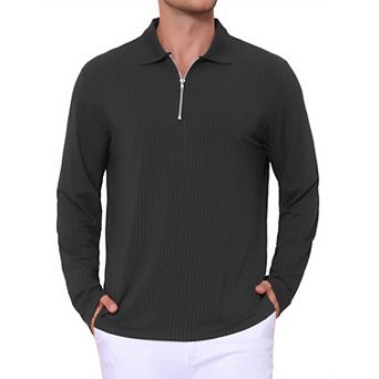 Men's Textured Polo Shirt Long Sleeve Quarter Zip Striped Polo Shirts
