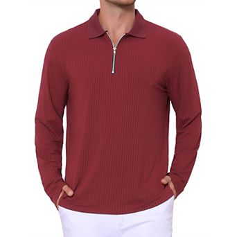 Men's Textured Polo Shirt Long Sleeve Quarter Zip Striped Polo Shirts