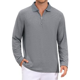 Men's Textured Polo Shirt Long Sleeve Quarter Zip Striped Polo Shirts