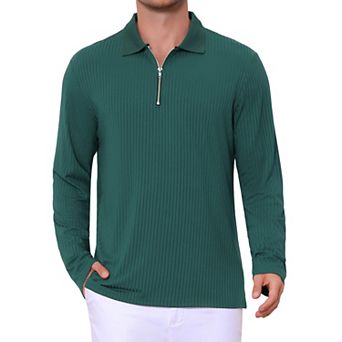 Men's Textured Polo Shirt Long Sleeve Quarter Zip Striped Polo Shirts