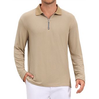 Men's Textured Polo Shirt Long Sleeve Quarter Zip Striped Polo Shirts