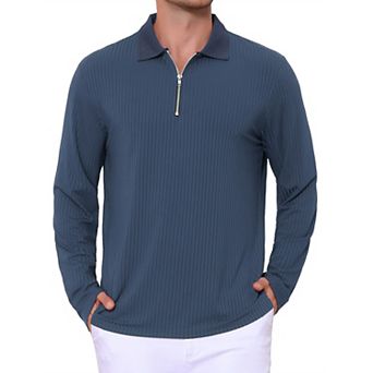 Men's Textured Polo Shirt Long Sleeve Quarter Zip Striped Polo Shirts