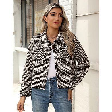 Zeagoo Shacket Women Cropped Flannel Plaid Button Down Jacket Houndstooth Casual Fall Fashion Coats