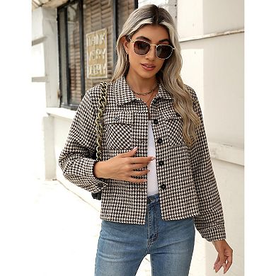 Zeagoo Shacket Women Cropped Flannel Plaid Button Down Jacket Houndstooth Casual Fall Fashion Coats