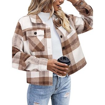 Zeagoo Shacket Women Cropped Flannel Plaid Button Down Jacket Houndstooth Casual Fall Fashion Coats