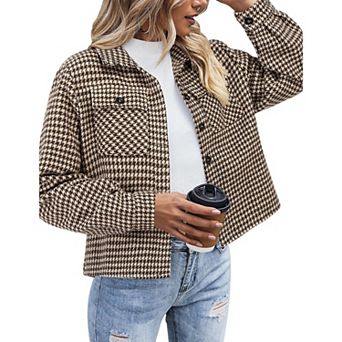 Zeagoo Shacket Women Cropped Flannel Plaid Button Down Jacket Houndstooth Casual Fall Fashion Coats