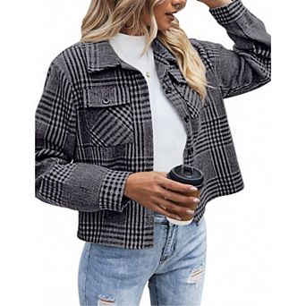 Zeagoo Shacket Women Cropped Flannel Plaid Button Down Jacket Houndstooth Casual Fall Fashion Coats