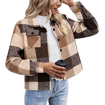 Zeagoo Shacket Women Cropped Flannel Plaid Button Down Jacket Houndstooth Casual Fall Fashion Coats