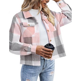 Zeagoo Shacket Women Cropped Flannel Plaid Button Down Jacket Houndstooth Casual Fall Fashion Coats
