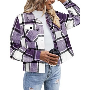 Zeagoo Shacket Women Cropped Flannel Plaid Button Down Jacket Houndstooth Casual Fall Fashion Coats