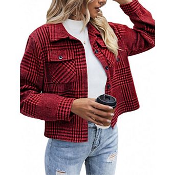 Zeagoo Shacket Women Cropped Flannel Plaid Button Down Jacket Houndstooth Casual Fall Fashion Coats