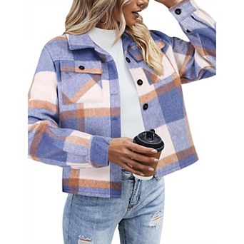 Zeagoo Shacket Women Cropped Flannel Plaid Button Down Jacket Houndstooth Casual Fall Fashion Coats