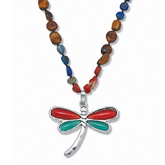 PalmBeach Jewelry Genuine Tiger's Eye and Sodalite Silvertone Dragonfly Pendant Necklace 32-inch