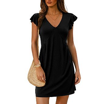 Women's Deep V Neck Vacation Dress Flowy Ruffle Sleeve Loose Fit Sundress